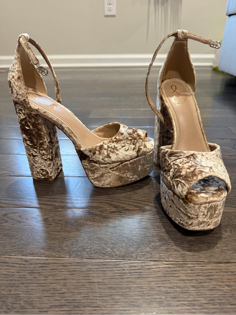 Sam Edelman Platform Peep-Toe Velvet Ankle-Strap Heels in Champagne